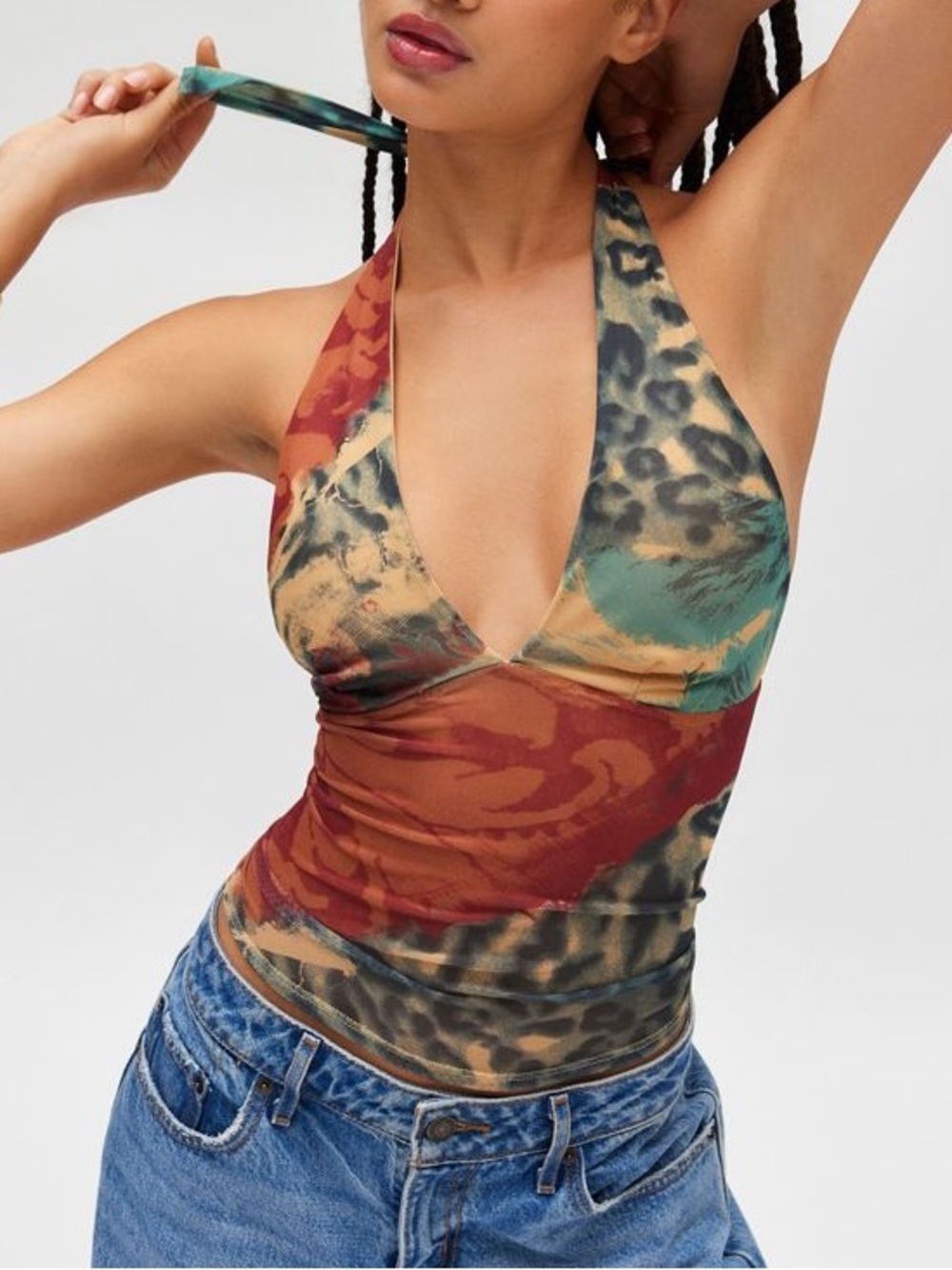 Urban Outfitters Silence + Noise Camellia Mesh Animal Print Halter Crop Top